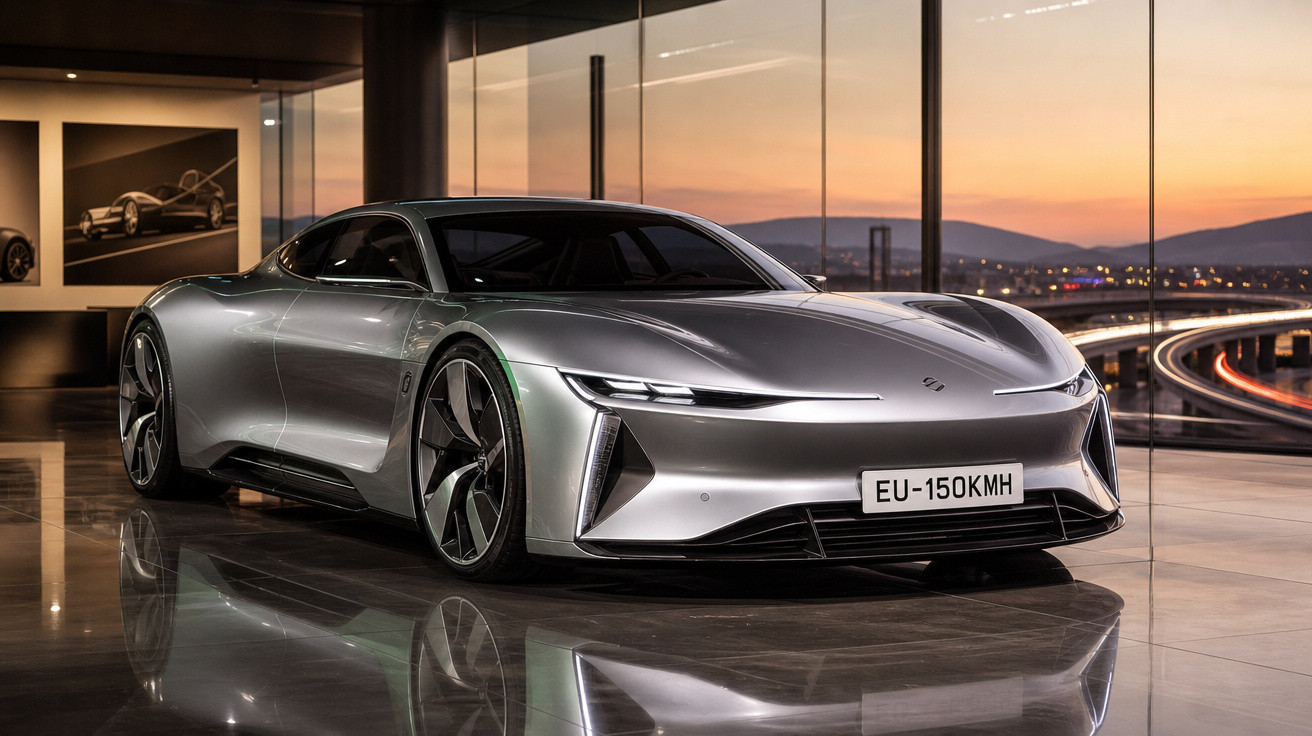 Carro desportivo elétrico prateado em salão moderno com vista para cidade ao pôr do sol.