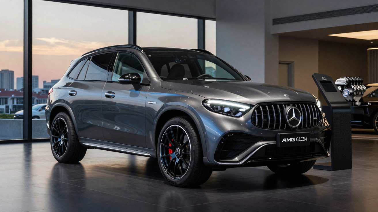 Mercedes-Benz AMG GLC 54 cinzento estacionado em showroom moderno com vidros grandes ao fundo.