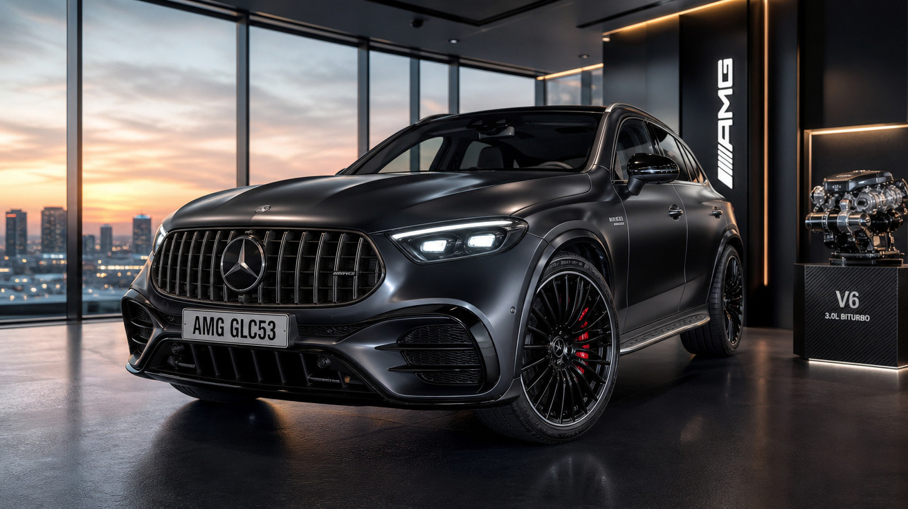 Mercedes-Benz AMG GLC53 preto mate em exposição numa sala moderna com vista para a cidade ao pôr do sol.