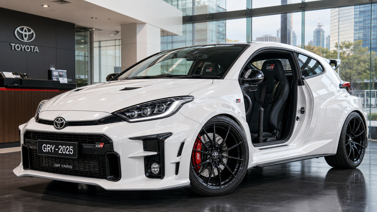 Carro desportivo branco Toyota GR Yaris com porta aberta em concessionário com janelas amplas.
