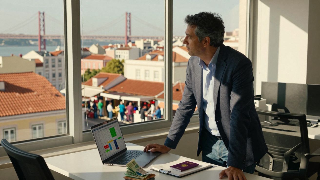 Homem de fato em escritório com vista para cidade e ponte, com laptop, dinheiro e passaporte na mesa.