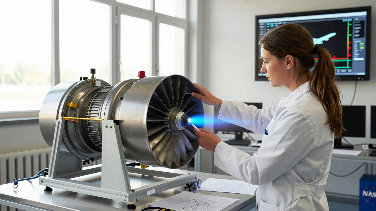 Engenheira inspeciona a turbina de motor a jato durante teste numa sala equipada com ecrãs técnicos.
