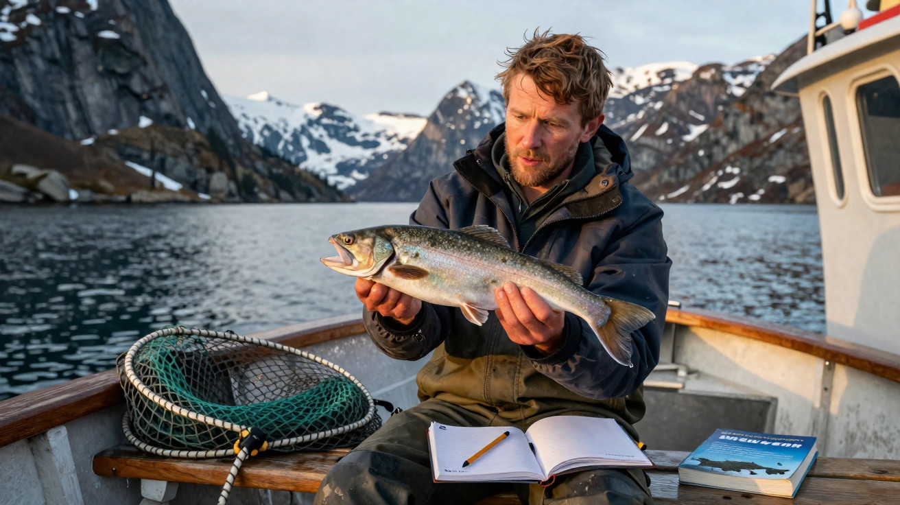 Homem sentado num barco segurando um peixe pescado com montanhas e neve ao fundo.