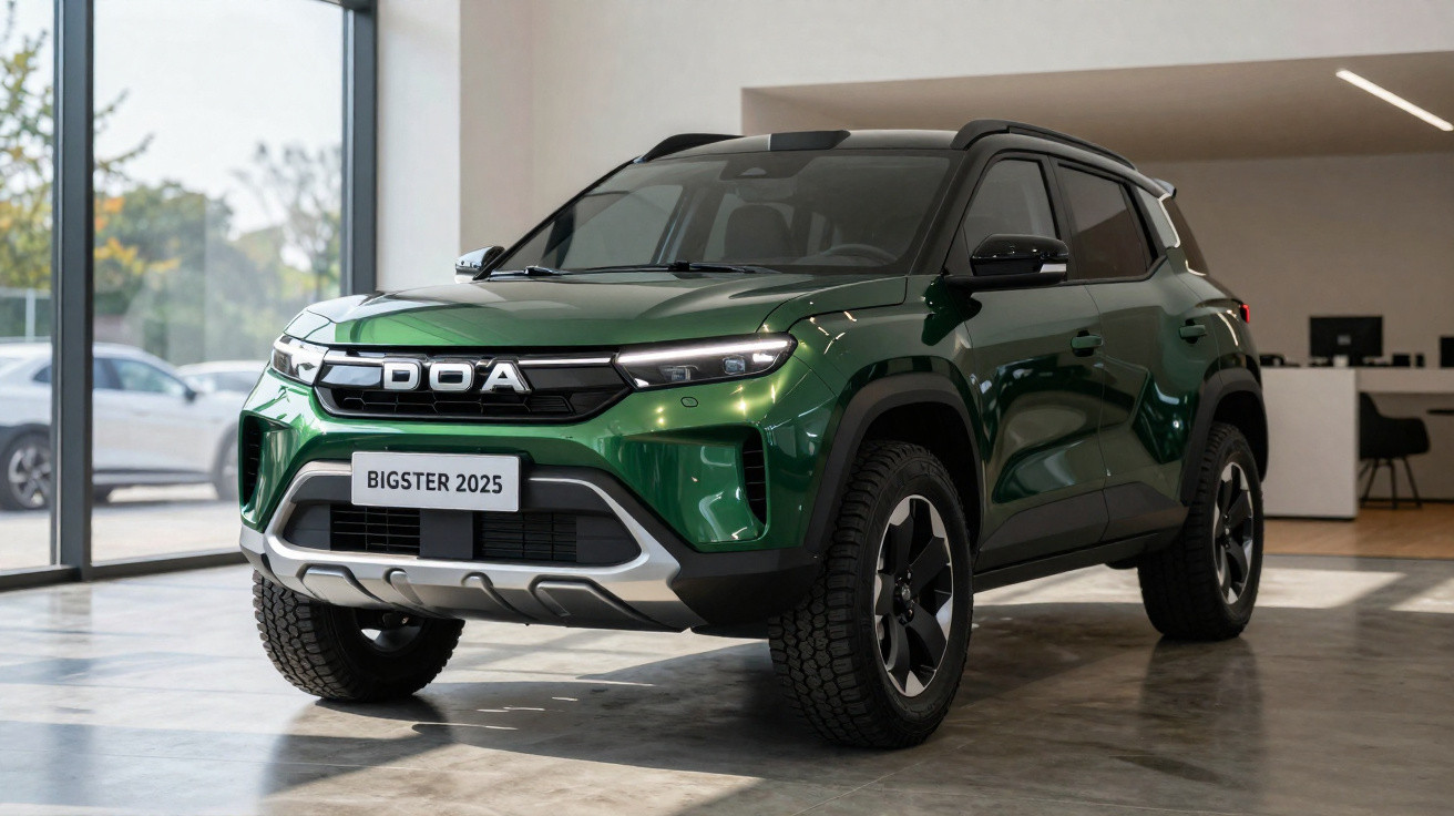 SUV verde metálico Doa Bigster 2025 em destaque numa sala de exposição moderna.
