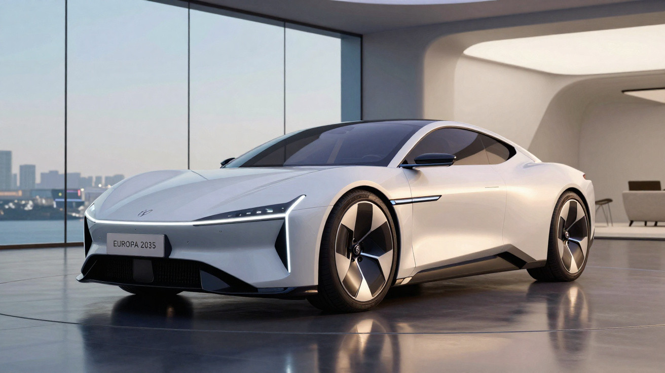 Carro desportivo elétrico branco e futurista estacionado em espaço interior moderno com vista panorâmica.