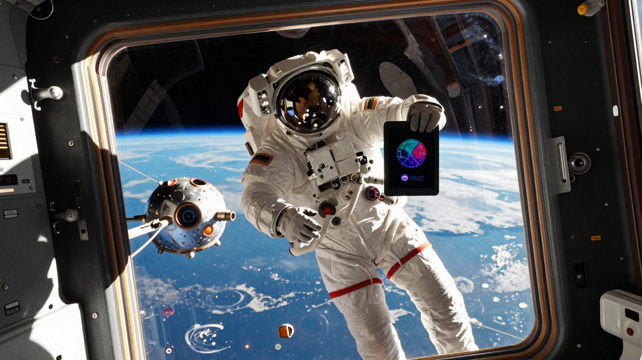 Astronauta em fato espacial segura tablet no espaço, com a Terra visível ao fundo através da janela da nave.