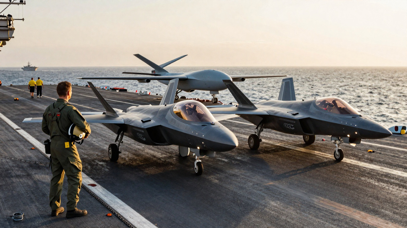 Dois aviões militares na pista de um porta-aviões ao pôr do sol com piloto e equipamentos militares.