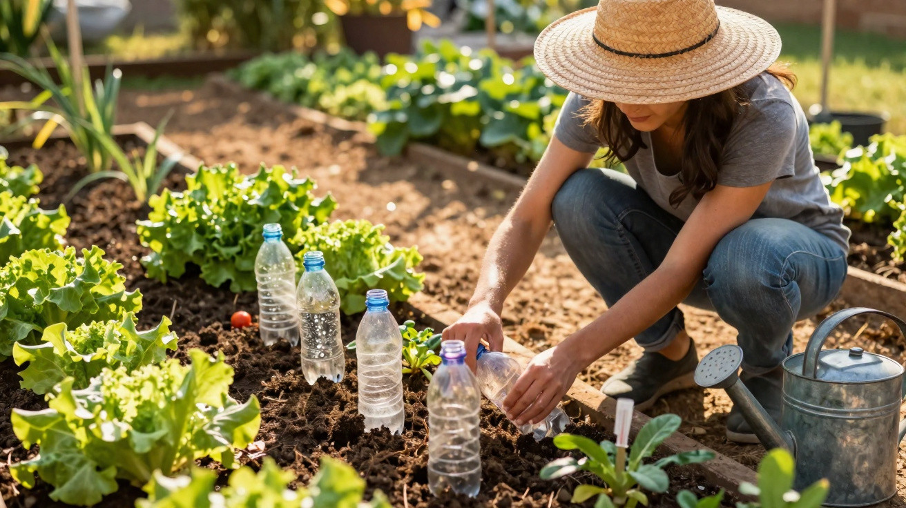 Mulher de chapéu rega planta numa horta com garrafas de plástico recicladas como regadores.
