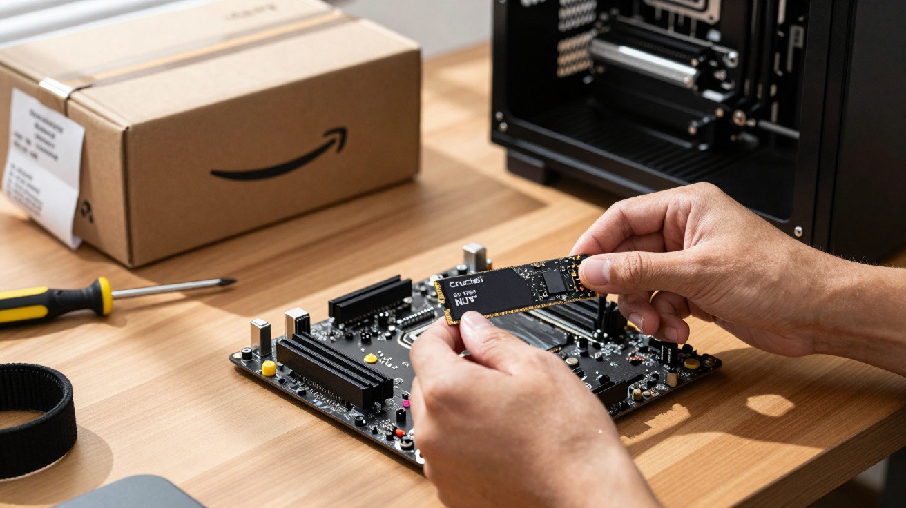 Pessoas a instalar um disco SSD NVMe numa motherboard sobre uma mesa de madeira com caixa da Amazon ao fundo.