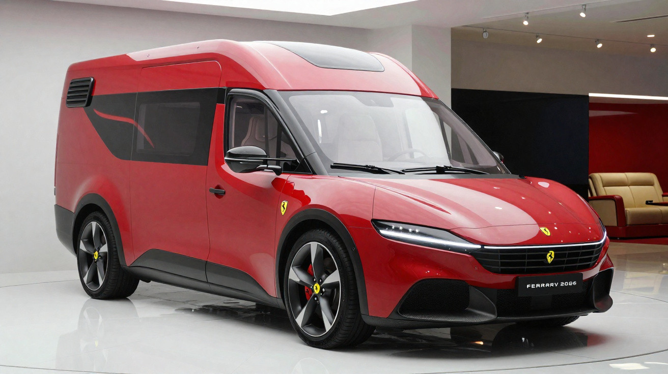 Carrinha vermelha Ferrari 206S estacionada em ambiente interior moderno e iluminado.