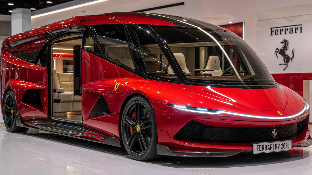Futurista autocaravana vermelha Ferrari RV 2026 com portas laterais abertas e interior luxuoso visível.