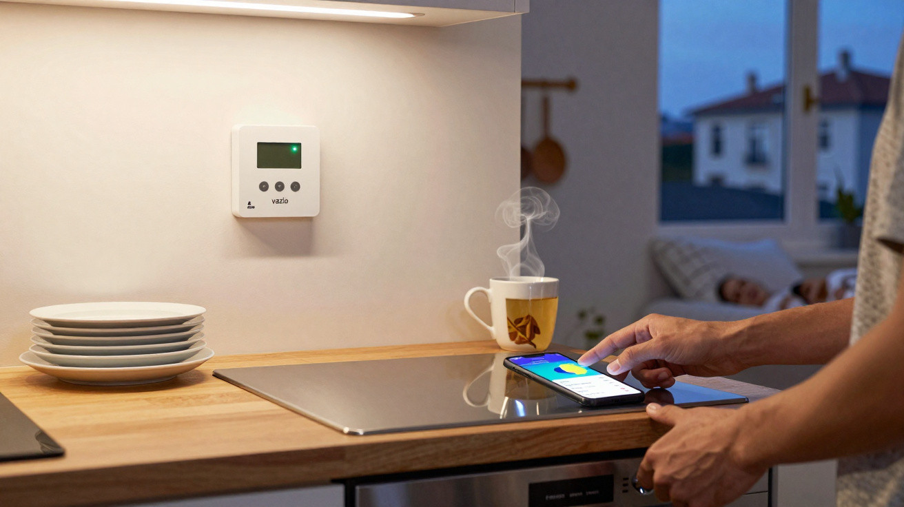 Pessoa a usar smartphone na cozinha para controlar aquecimento, chá fumegante numa chávena e pessoa a dormir ao fundo.