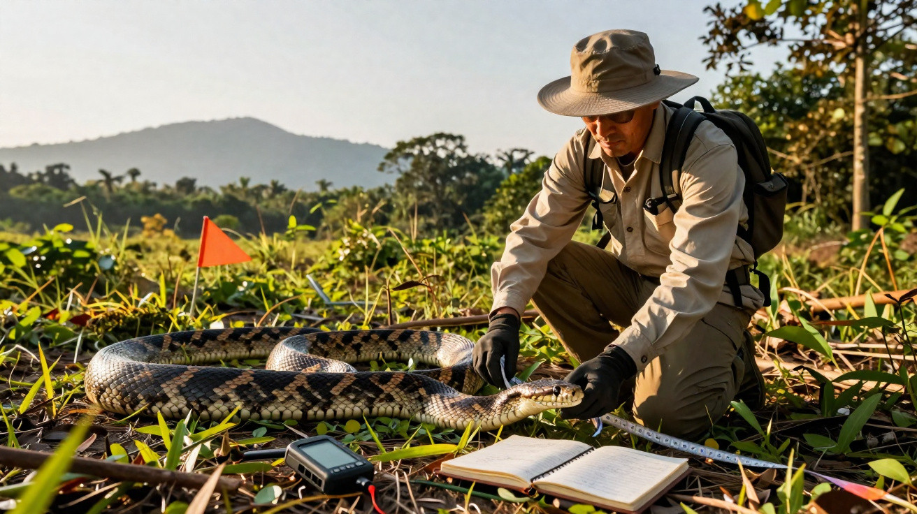 Homem com chapéu e luvas mede grande serpente na natureza, com caderno e equipamento de pesquisa no chão.
