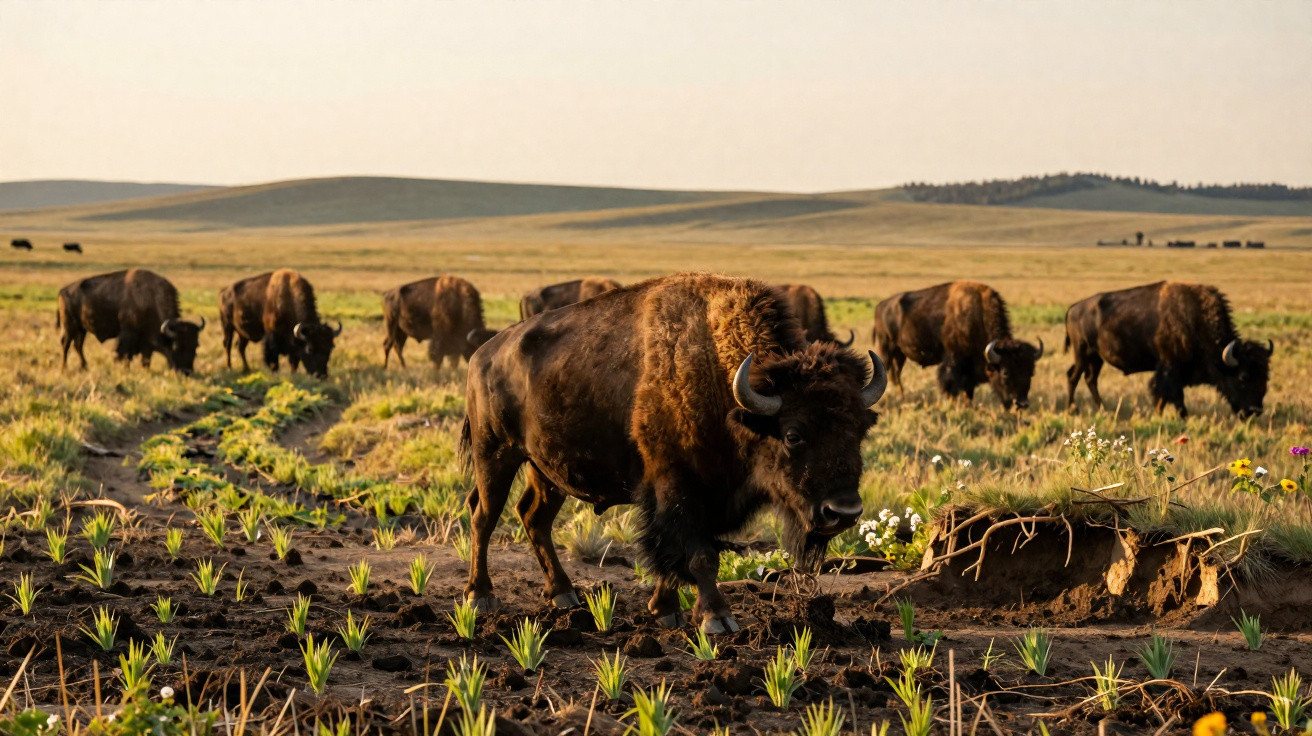 Manada de bisontes a pastar numa aberta planície com vegetação e céu limpo ao pôr do sol.