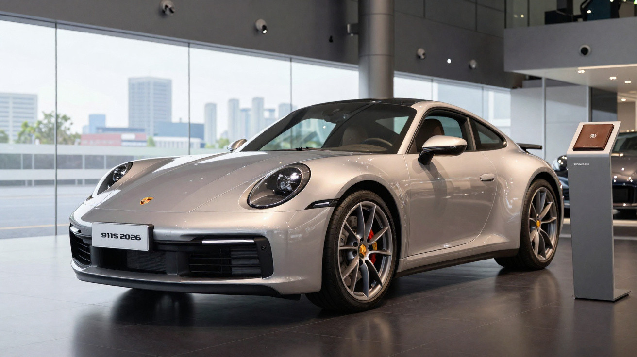 Carro desportivo Porsche 911S prateado de 2026 em exposição numa sala com grandes janelas.