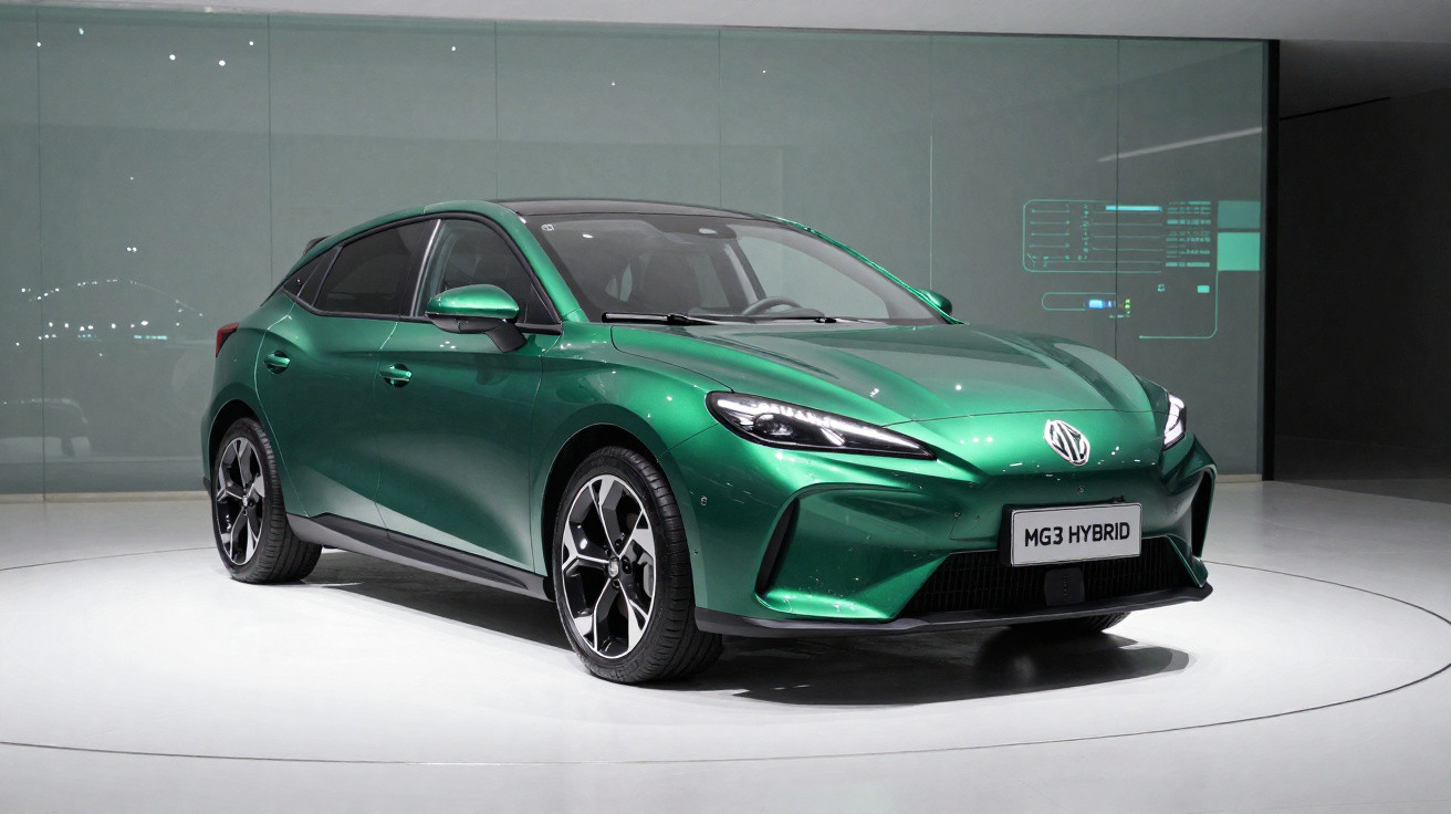 Carro híbrido MG3 verde metálico exposto em ambiente moderno e minimalista.