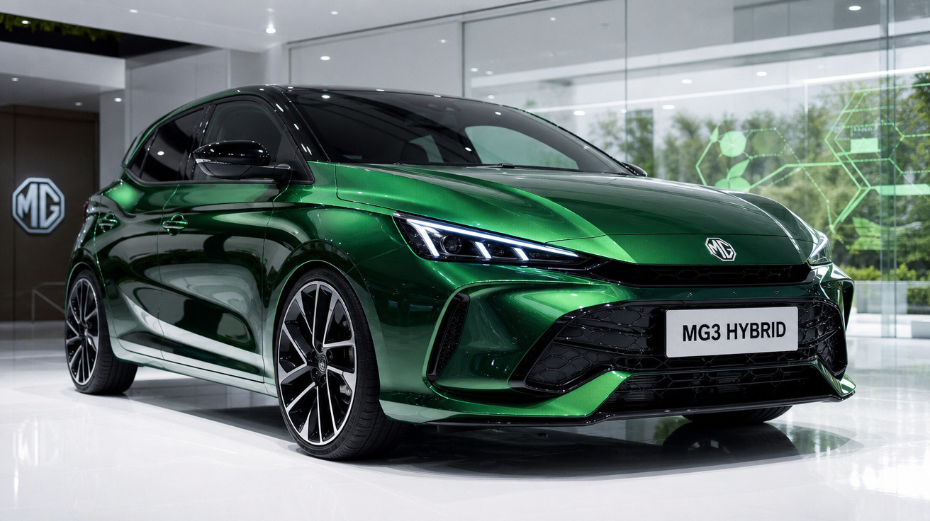 Carro compacto verde metálico MG3 Hybrid estacionado em ambiente moderno e luminoso.