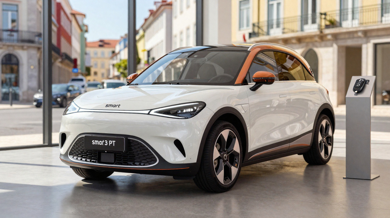 Carro elétrico branco Smart 3 PT estacionado numa rua urbana com detalhes laranja no tejadilho e retrovisores.