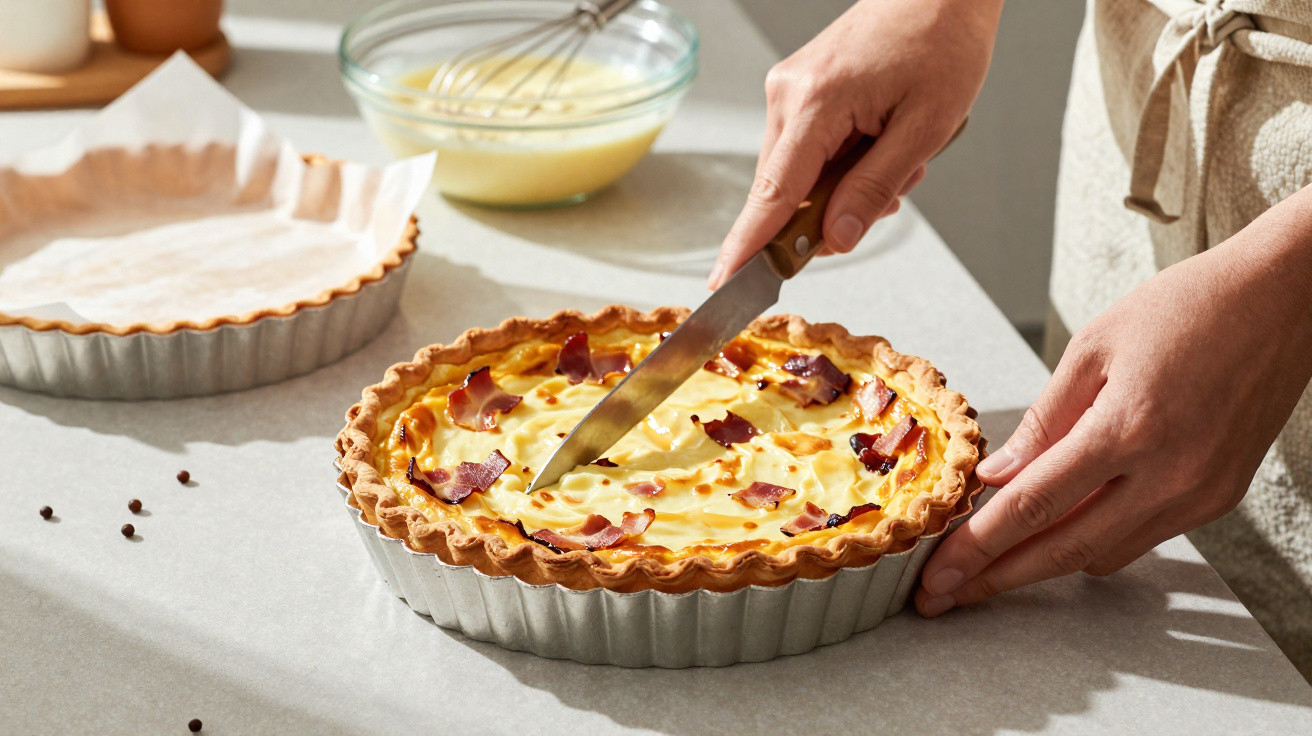 Pessoa a cortar tarte salgada com fatias de bacon sobre mesa de cozinha com utensílios ao fundo.