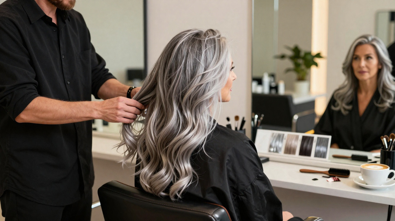 Mulher com cabelo grisalho ondulado a ser penteada por cabeleireiro num salão, olhando ao espelho.