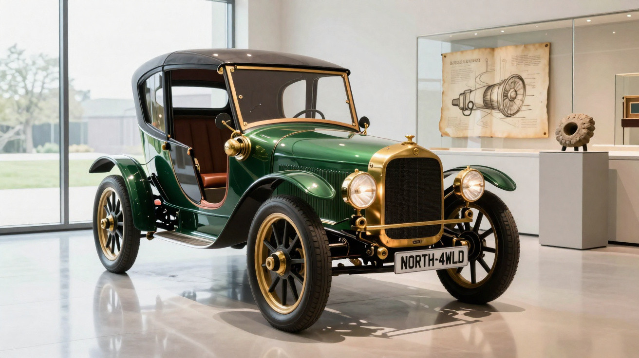 Carro clássico verde com detalhes dourados em exposição num museu moderno com iluminação natural.