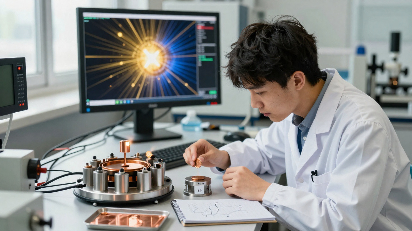 Cientista em bata branca a trabalhar num laboratório com equipamento de análise e computador à frente.