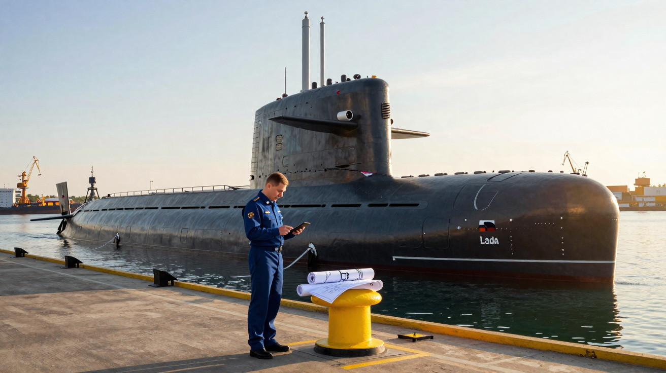 Homem em uniforme azul consulta documentos ao lado do submarino Lada atracado num cais ao pôr do sol.