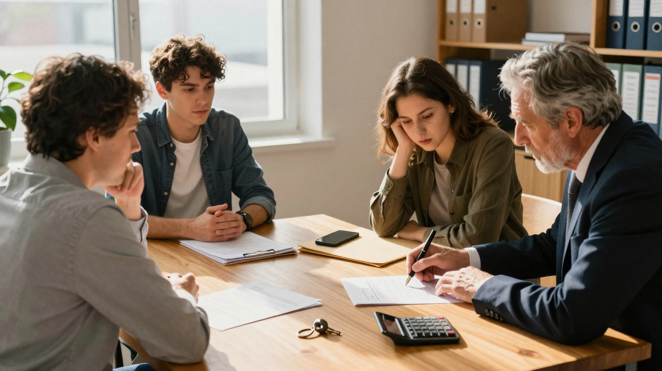 Quatro pessoas sentadas à volta de uma mesa a analisar documentos numa reunião de trabalho.