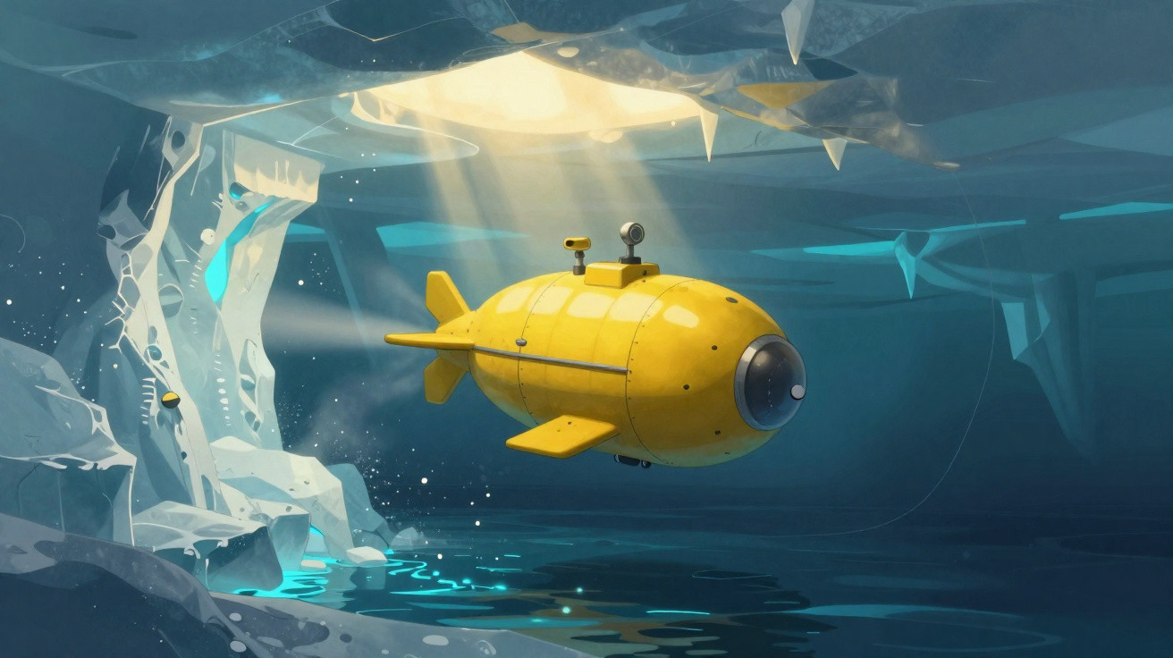 Submarino amarelo explorando uma caverna subaquática iluminada por raios de luz.