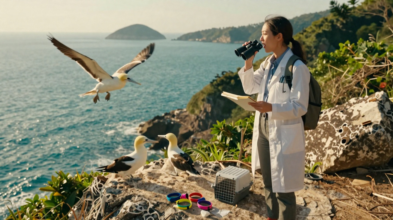 Mulher com bata branca observa aves marinhas com binóculos numa falésia junto ao mar, segurando caderno e mochila.
