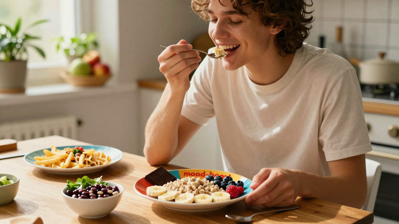 Jovem sorridente a comer uma refeição saudável composta por frutas e chocolate na cozinha.