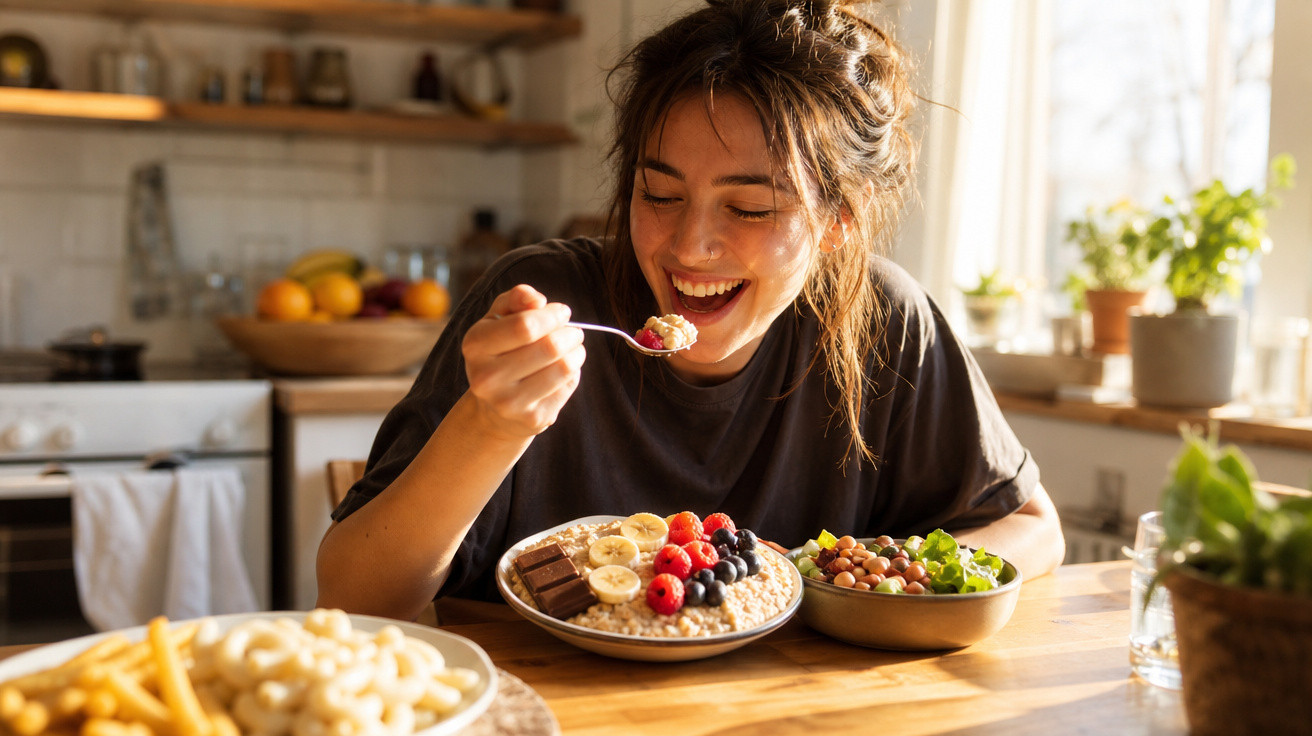 Mulher sorridente a comer um pequeno-almoço saudável com frutas e aveia na cozinha iluminada pelo sol.
