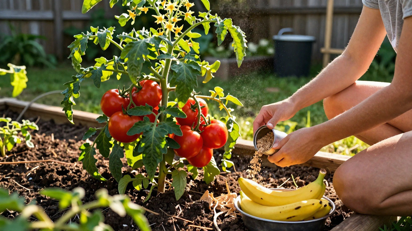 Pessoa a aplicar fertilizante num pé de tomate com frutos maduros num jardim caseiro.