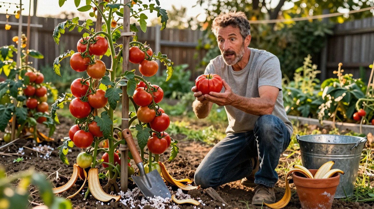 Homem a colher tomate grande e maduro num jardim com plantas de tomate e utensílios de jardinagem.