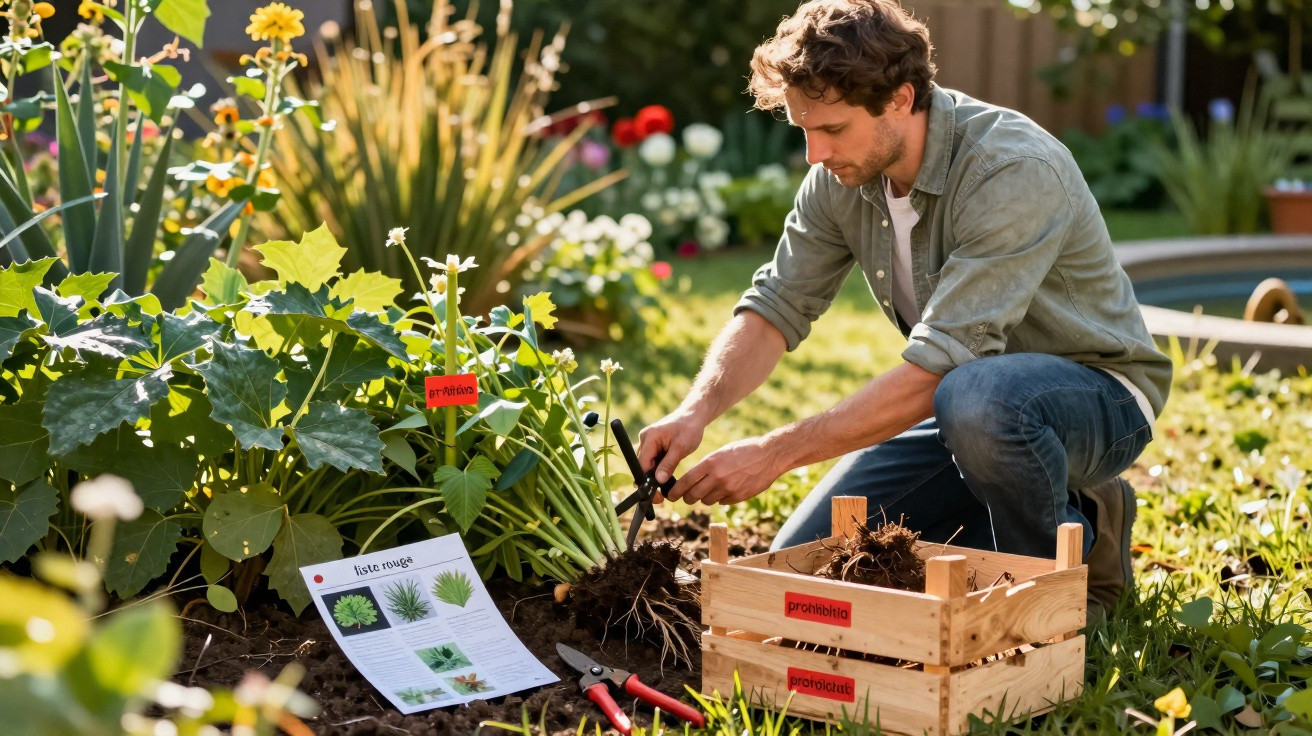Homem a cuidar de plantas num jardim, usando uma tesoura de poda e tendo uma caixa de madeira ao lado.