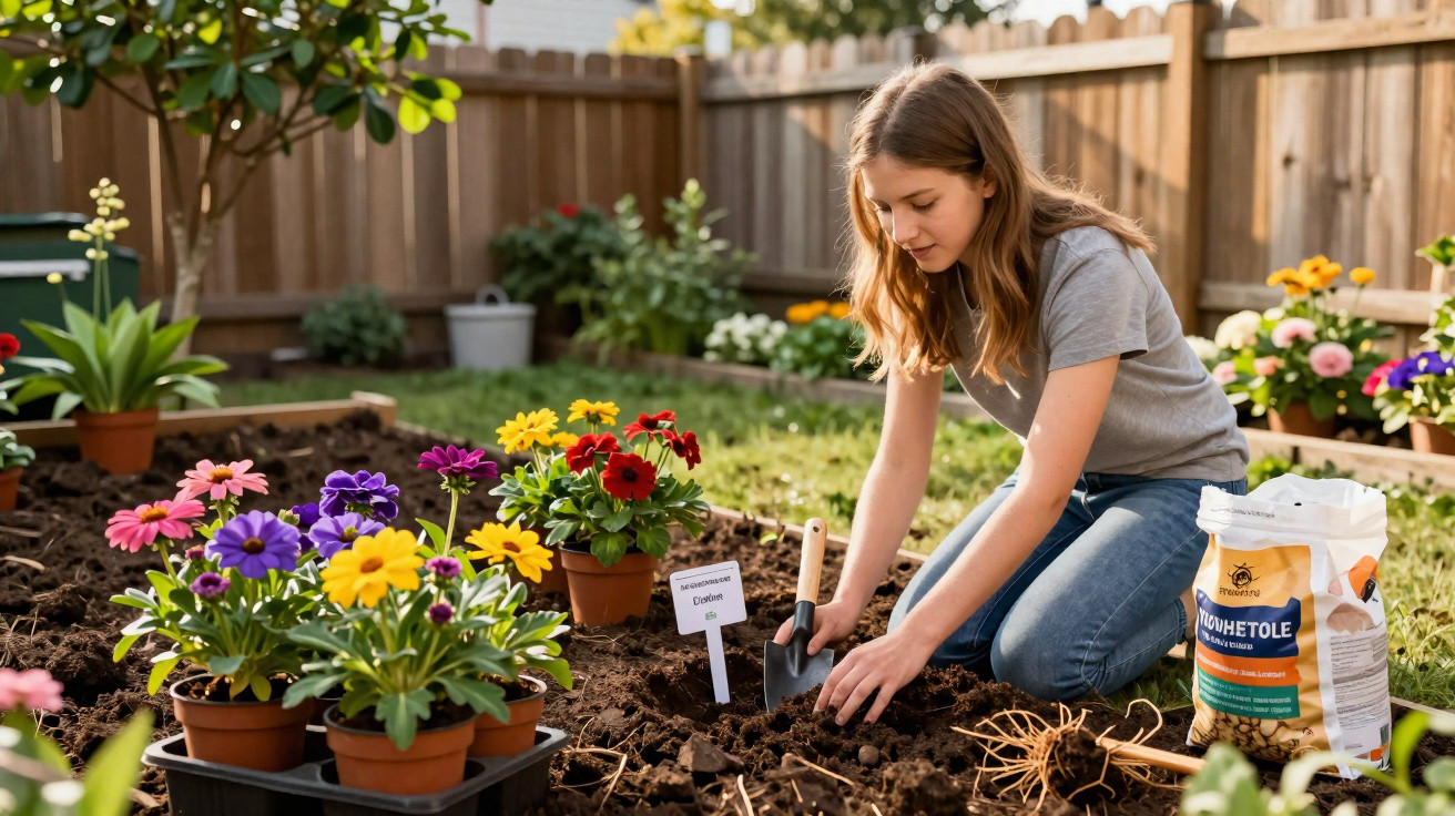 Jovem a plantar flores coloridas num jardim ensolarado, com terra e ferramentas de jardinagem.