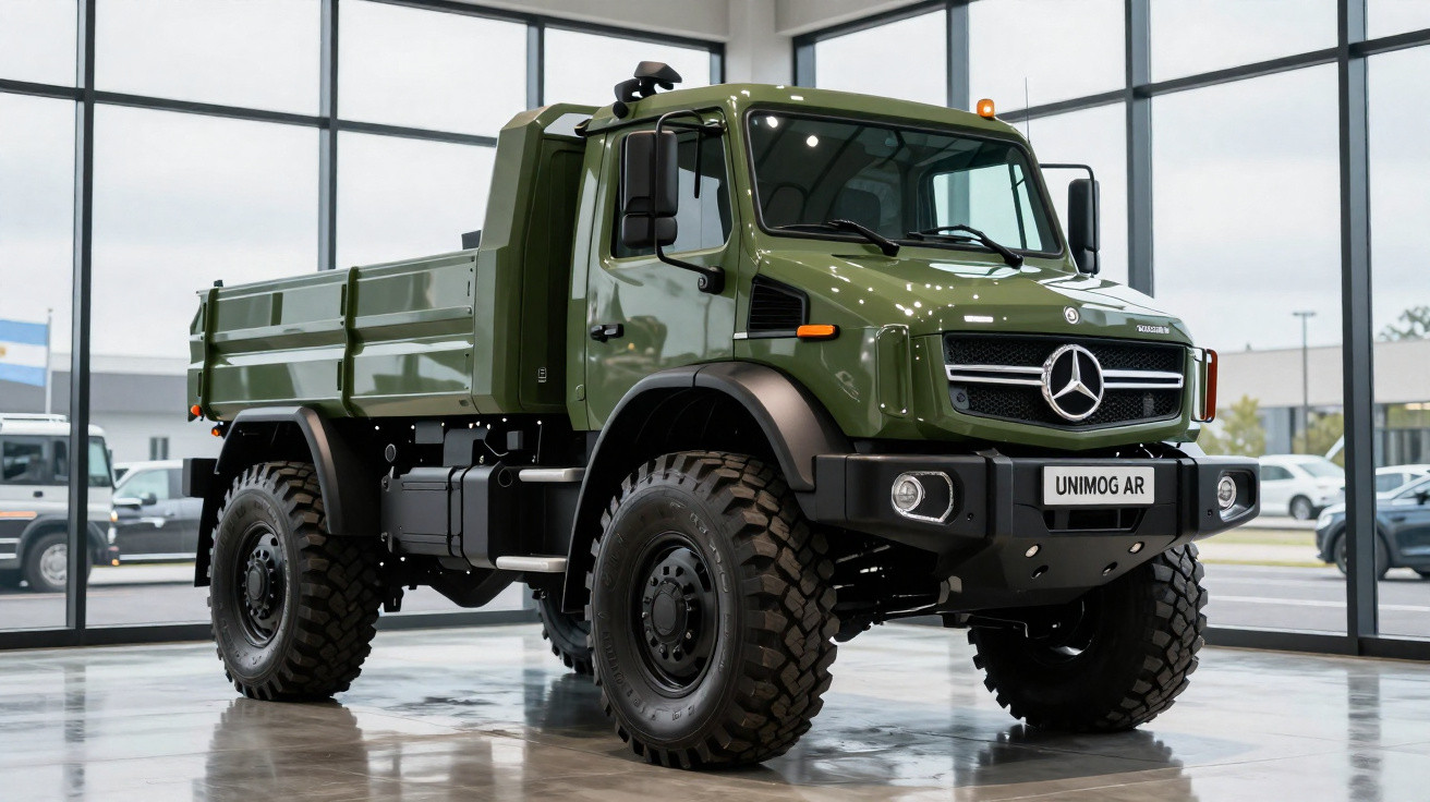 Caminhão militar verde Mercedes-Benz Unimog AR em exposição dentro de edifício moderno com janelas amplas.