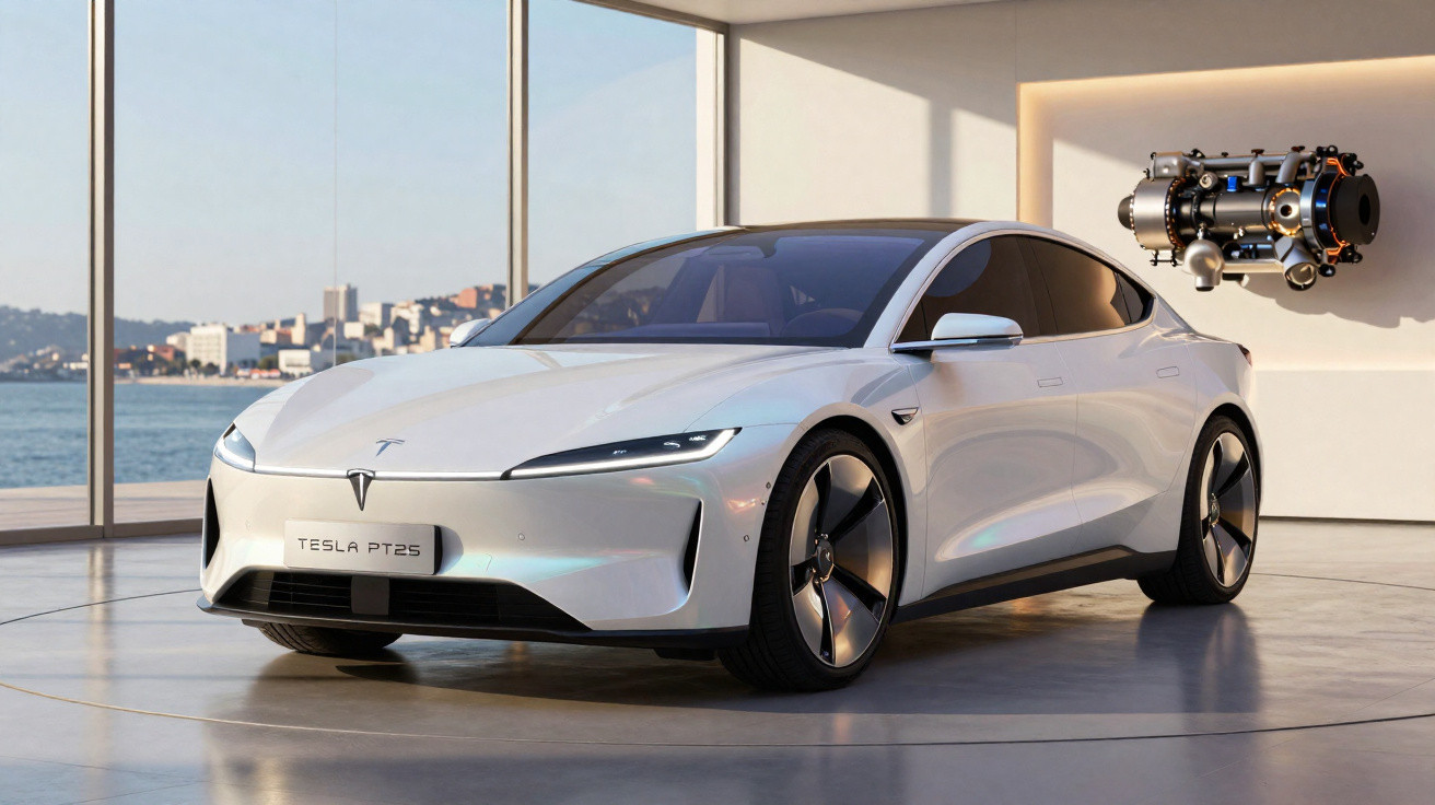 Carro elétrico Tesla PT25 branco estacionado em espaço moderno com vista para a cidade e motor exposto na parede.