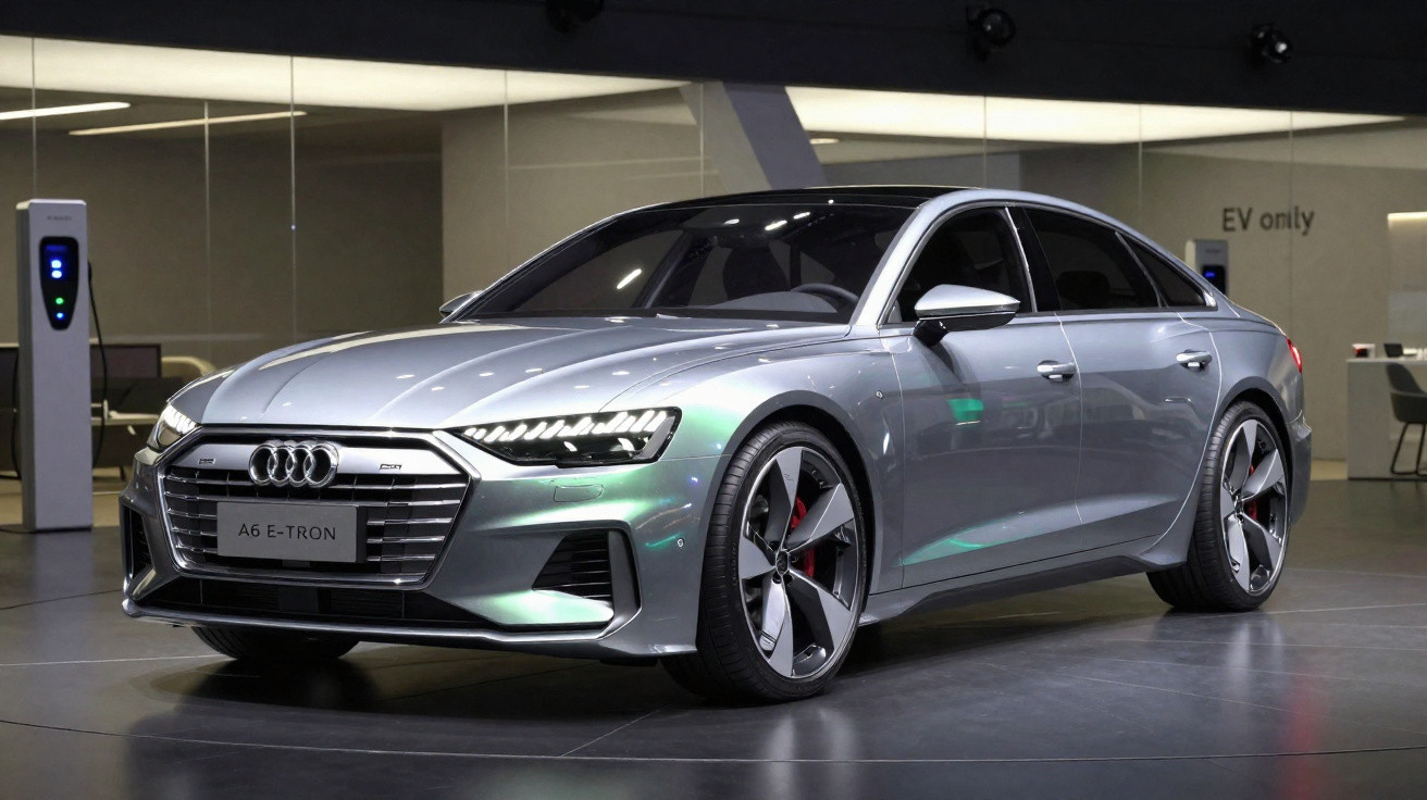 Carro elétrico Audi A6 e-tron cinza estacionado numa exposição moderna com carregador ao fundo.