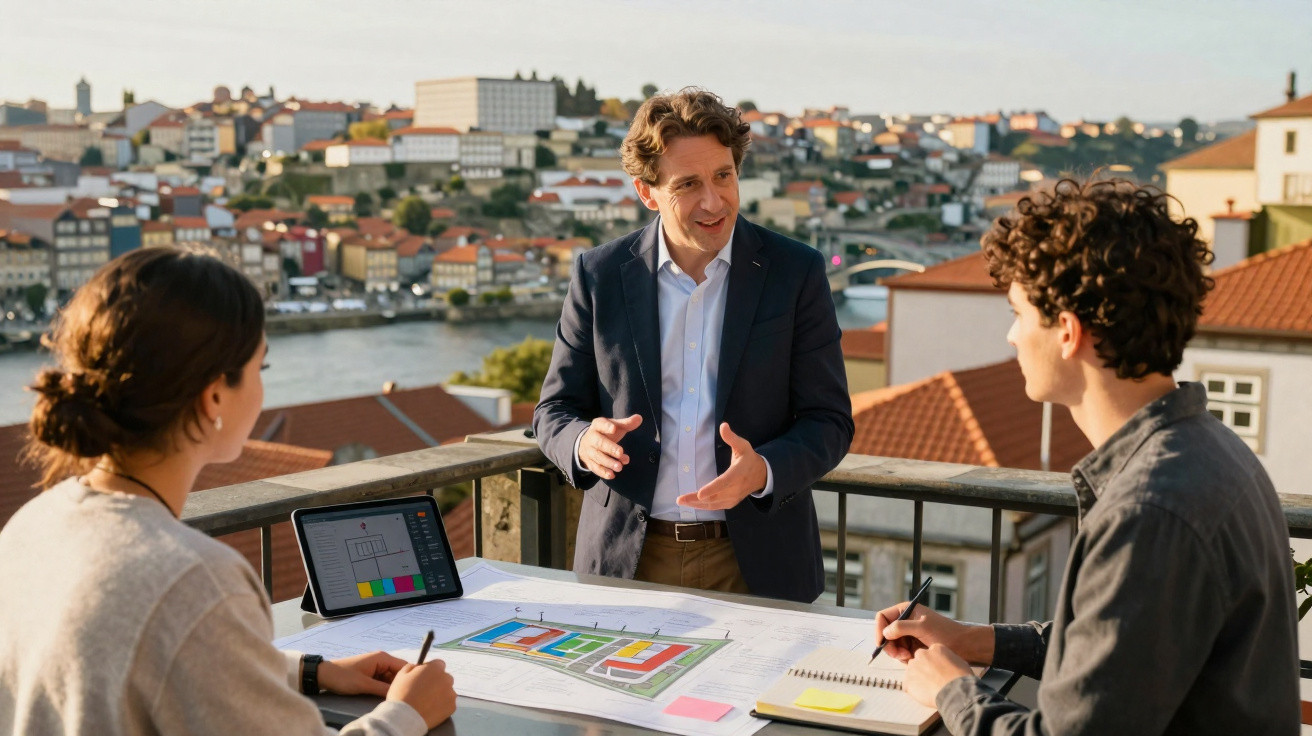 Três pessoas a discutir planos de arquitetura numa varanda com vista para uma cidade ribeirinha.