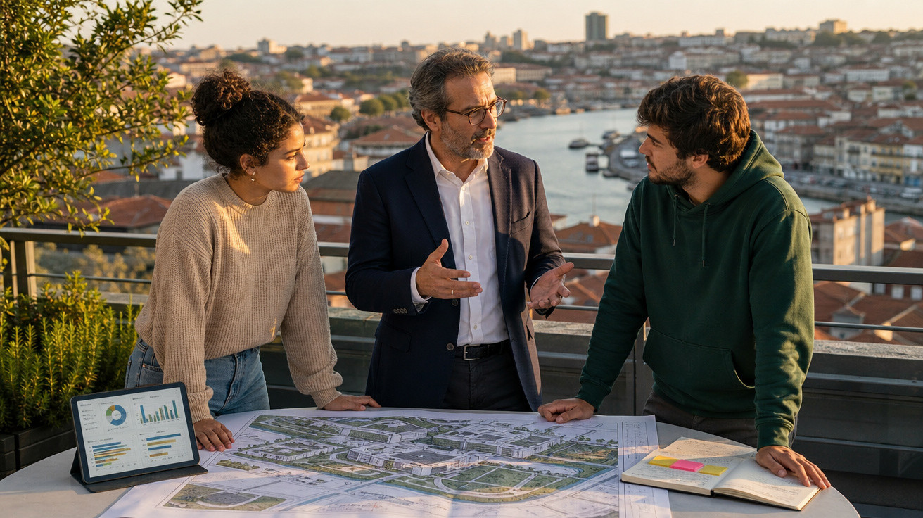 Três pessoas discutem projetos numa mesa com mapas e gráficos, com vista para cidade e rio ao fundo.