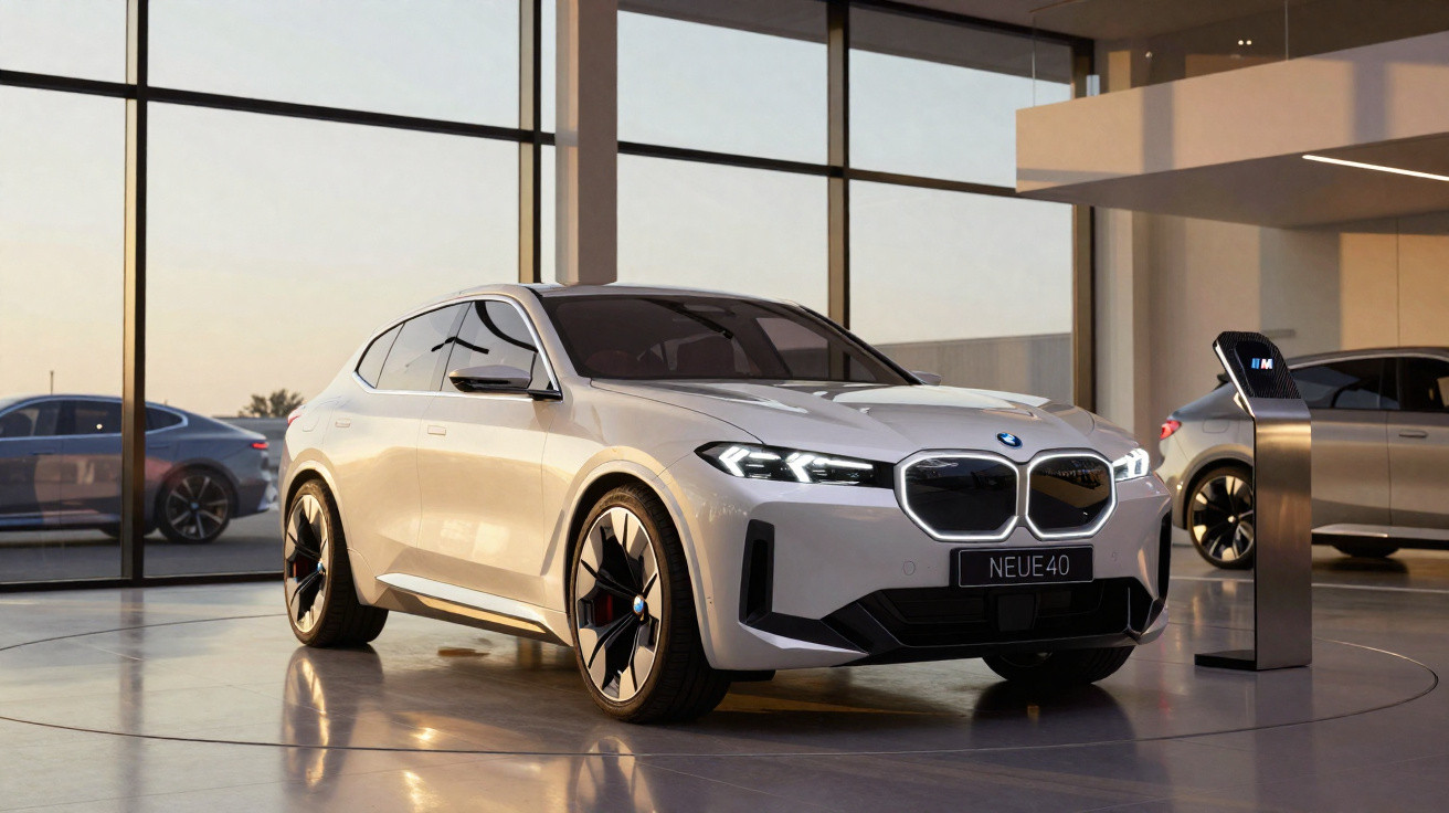 Carro elétrico BMW branco estacionado em espaço interior moderno junto a posto de carregamento.