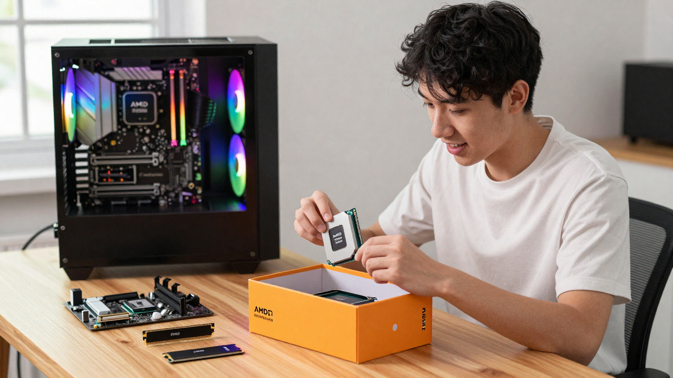 Jovem a montar um computador, segurando um processador AMD junto a uma caixa laranja numa mesa com componentes.