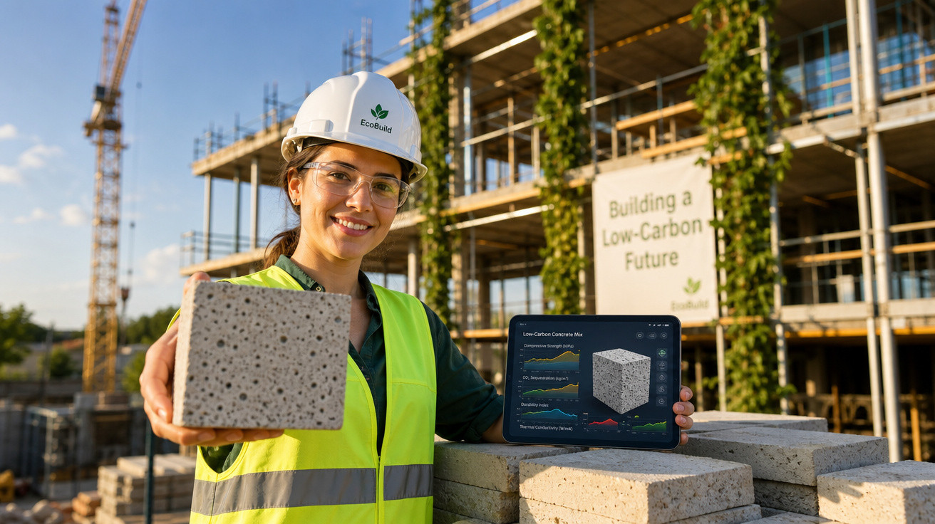 Engenheira com capacete e colete mostra bloco de construção ecológico num canteiro de obras sustentável.