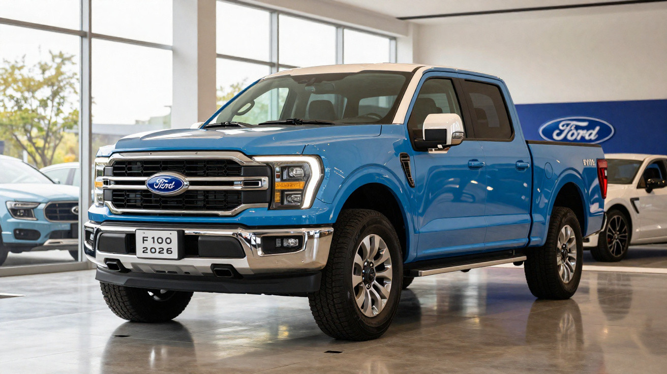 Pick-up Ford F-150 azul exibida num showroom com banco de couro e jantes prateadas.