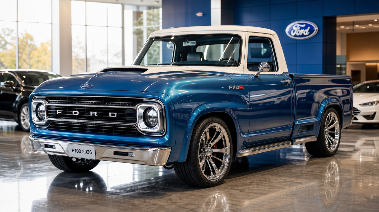 Picape Ford F-100 2026 azul com teto branco numa exposição interior moderna.