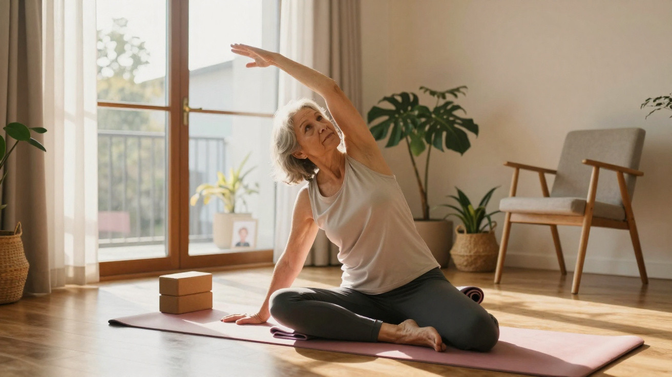 Mulher sénior a fazer alongamento sentado no tapete de yoga numa sala iluminada e com plantas.