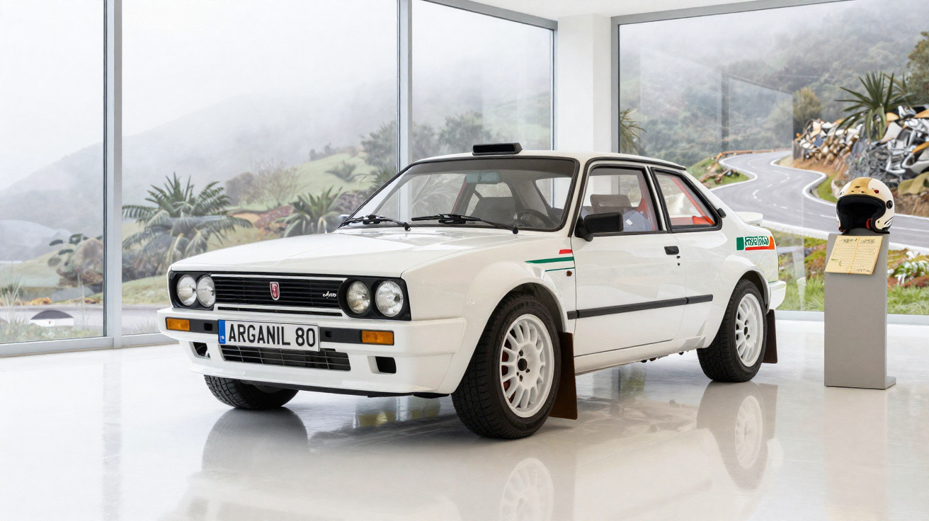 Carro branco clássico de rally em exposição com capacete e estrada sinuosa ao fundo.
