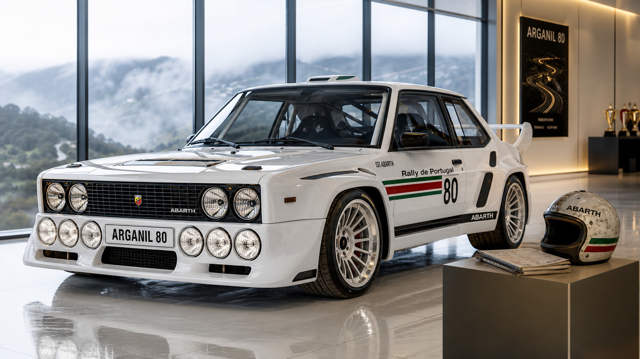 Carro de rali branco Abarth com número 80 exposto em sala moderna com capacete e paisagem montanhosa ao fundo.