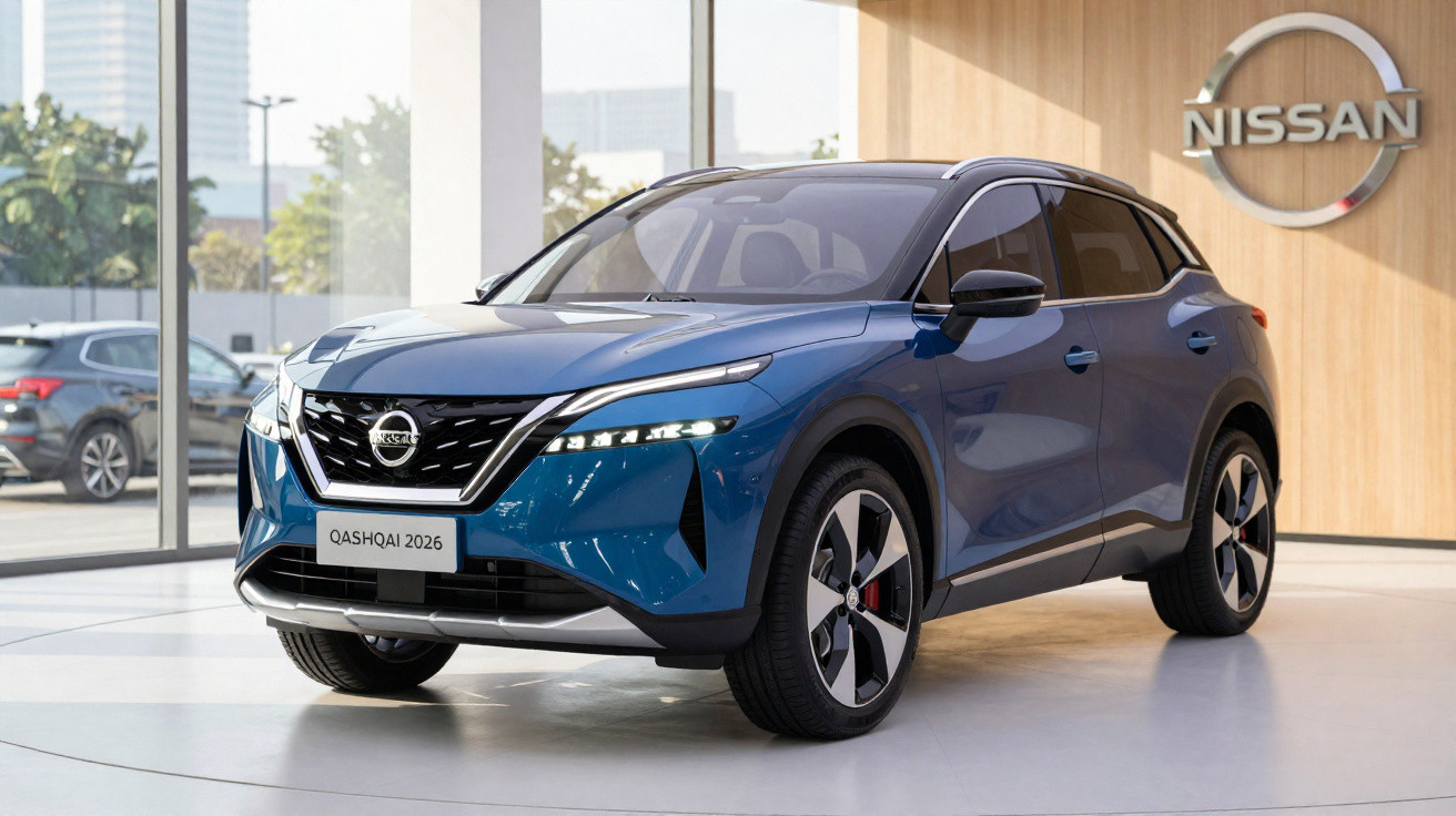 Automóvel Nissan Qashqai 2026 azul estacionado em exposição, com logótipo da marca numa parede de madeira.